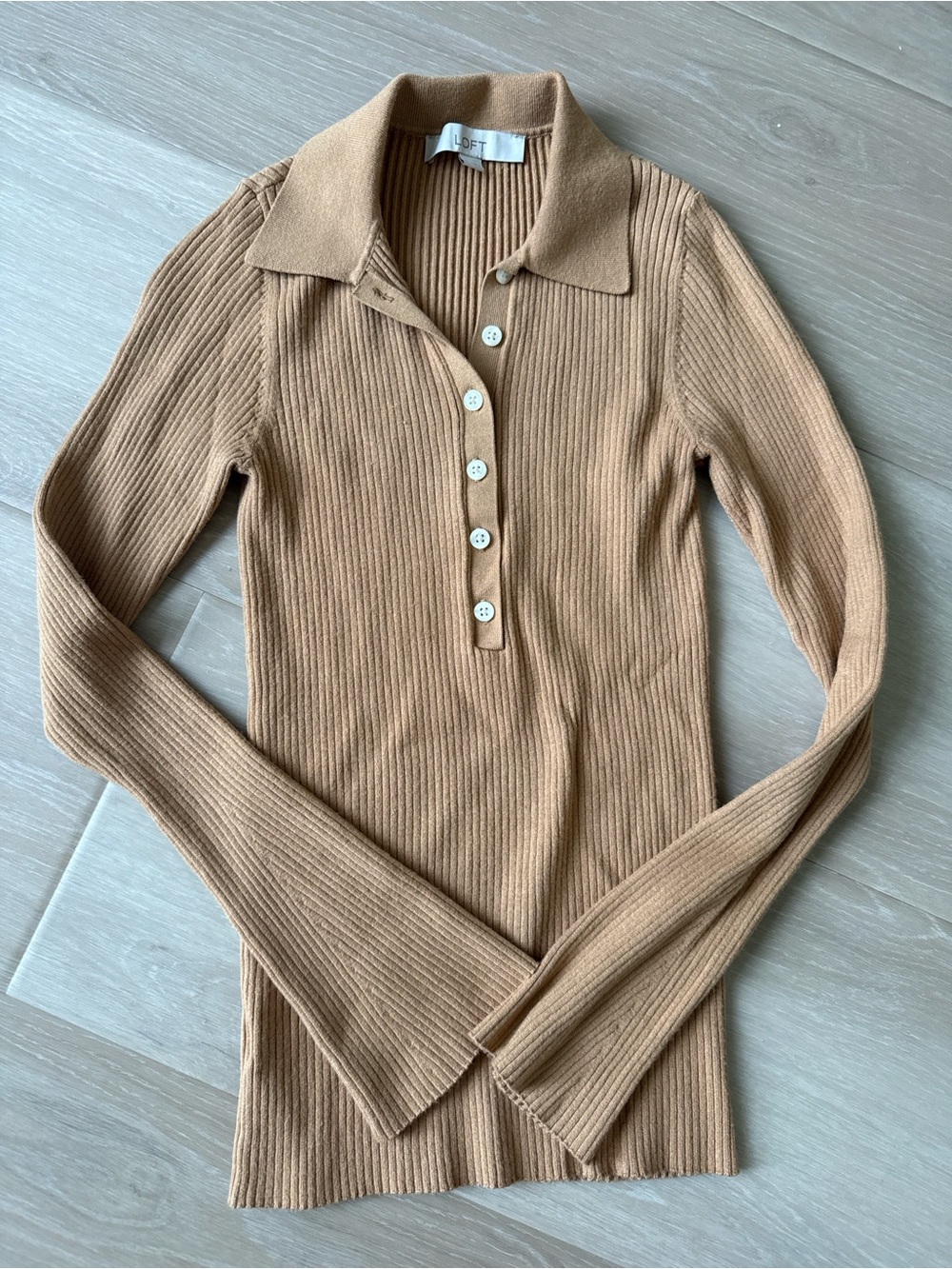 LOFT Ribbed Long-Sleeve Polo Sweater - Camel/Tan